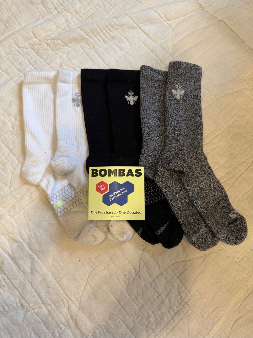 Bombas Hex Tec Men's 3-Pack Crew Socks in White, Black & Gray
